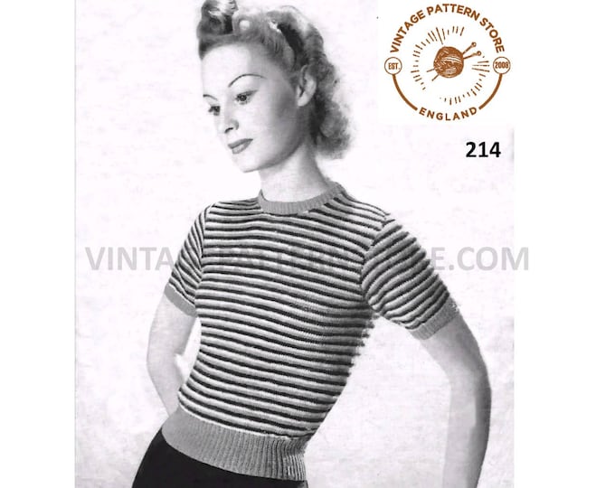 Ladies Womens 40s vintage round neck 3 ply striped short sleeve Summer sweater jumper pdf knitting pattern 34" to 36" chest PDF download 214
