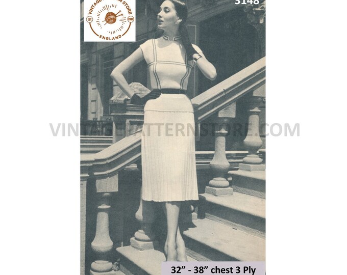 Ladies Womens 50s 3 ply pleated midi skirt & madarin collar cap sleeve slipover Summer top pdf knitting pattern 32" to 38" Download 3148