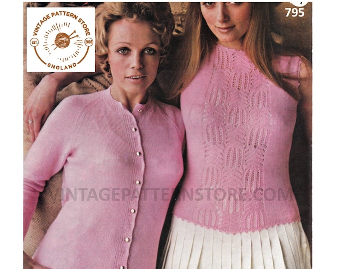 Ladies Womens 60s easy to knit 2 ply round neck raglan cardigan & lace panel lacy slipover pdf knitting pattern 34" to 40" PDF Download 795