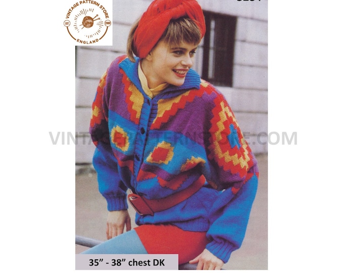 Ladies Womens 80s vintage multi coloured drop shoulder Intarsia DK dolman cardigan jacket pdf knitting pattern 35" to 38" Download 3284