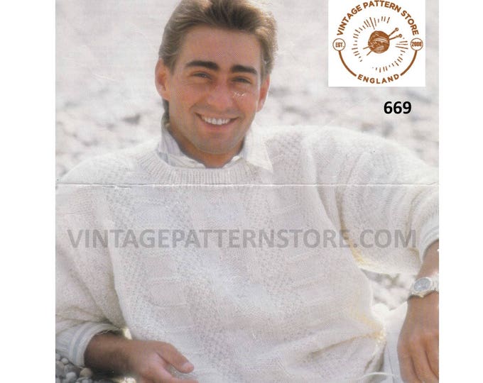 Mens Mans 90s round neck drop shoulder texture striped dolman aran sweater jumper pdf knitting pattern 36" to 42" chest PDF download 669