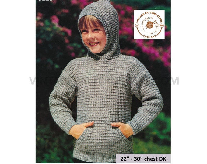 Boys Girls 70 vintage DK pixie hood raglan sweater jumper hoodie with kangaroo pocket pdf knitting pattern 22" to 30" chest Download 3225