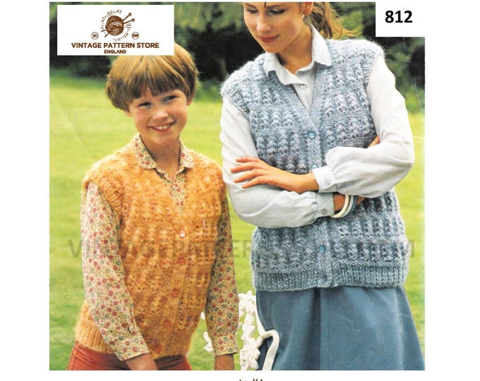 Ladies Womens Girls 80s vintage chunky knit V neck cable cabled sleeveless cardigan waistcoat pdf knitting pattern 28" to 41" Download 812