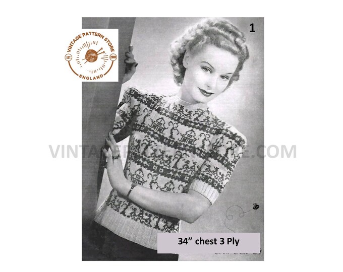 Ladies Womens 40s oriental fair isle short sleeve box shoulder 3 ply raglan summer sweater jumper pdf knitting pattern 34" chest Download 1