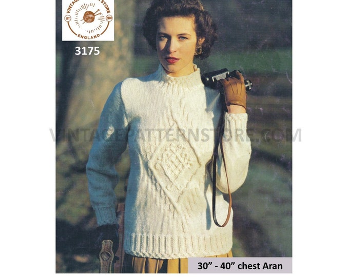 Ladies Womens 90s funnel neck cable panel cabled raglan aran sweater jumper pullover pdf knitting pattern 30" to 40" chest PDF Download 3175
