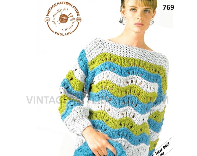 Ladies Womens 90s slash neck chunky knit lacy striped drop shoulder dolman sweater jumper pdf knitting pattern 28" to 38" chest download 769