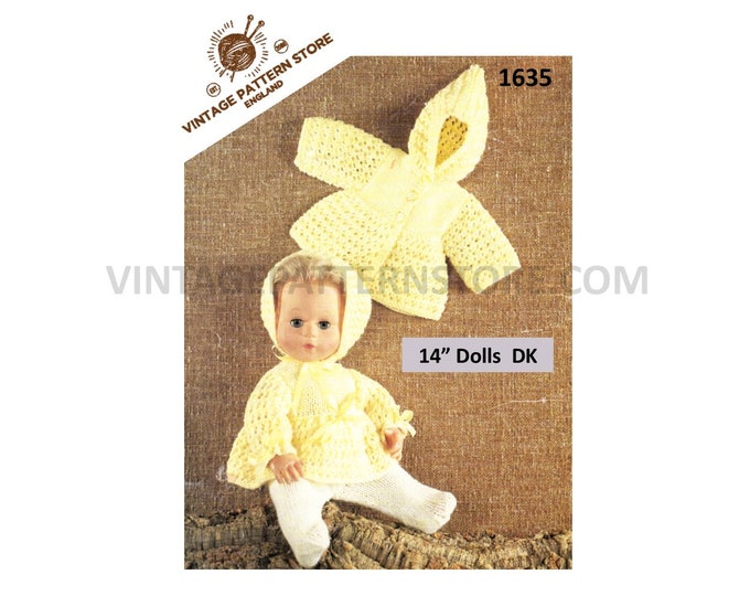 80s vintage 14" DK Baby doll clothes pram set layette matinee coat jacket angel top leggings bonnet pdf knitting pattern PDF Download 1635