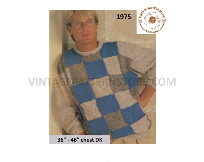 Mens Mans 90s DK round neck colour blocked intarsia check dolman sweater jumper pdf knitting pattern 36" to 46" chest PDF download 1975