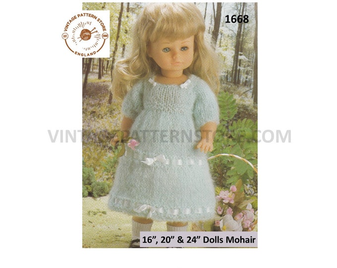 80s vintage 16" 20" 24" dolls clothes mohair & ribbon trim dress pdf knitting pattern Instant PDF download 1668