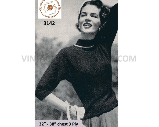 Ladies Womens 50s vintage 3 ply easy to knit slim fit 3/4 sleeve dolman sweater jumper pdf knitting pattern 32" to 38" bust Download 3142