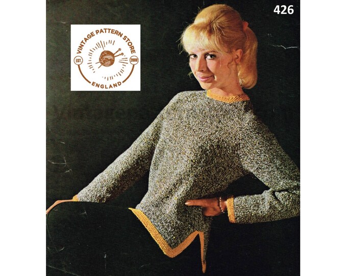 Ladies Womens 70s vintage DK round neck split side raglan tabard sweater jumper pdf knitting pattern 34" to 38" chest Instant Download 426