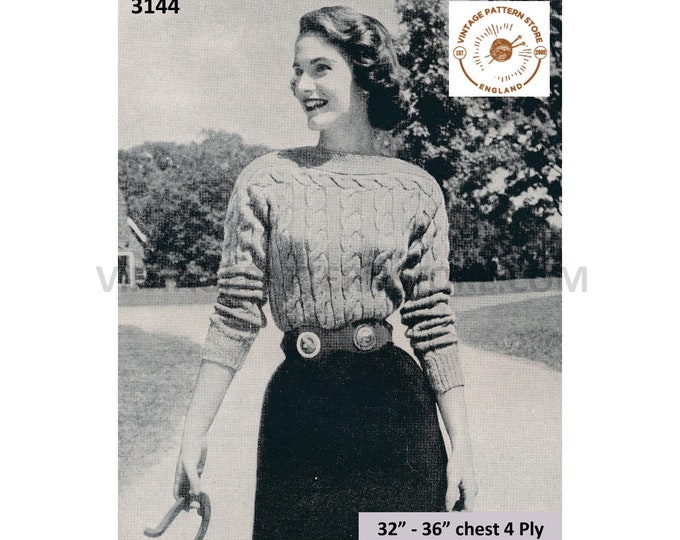 Ladies Womens 50s vintage 4 ply slash neck cable cabled drop shoulder raglan sweater jumper pdf knitting pattern 32" to 36" Download 3144