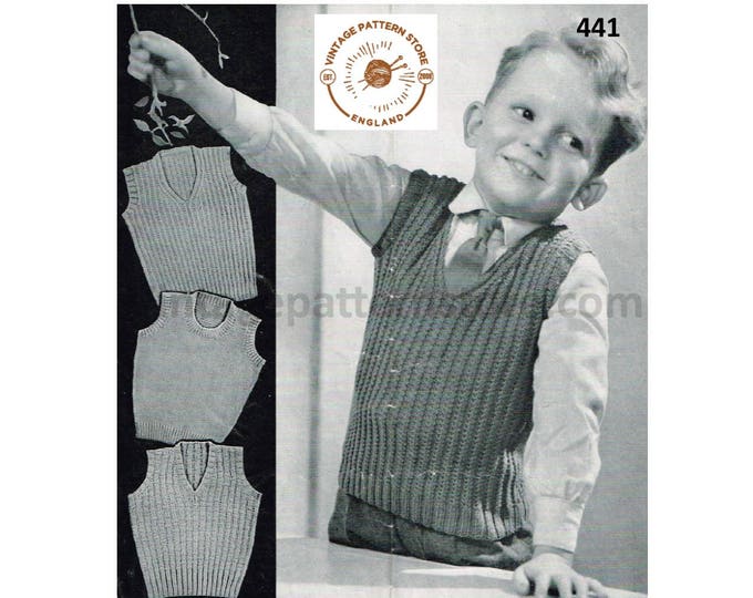 Boys 40s easy to knit V or round neck ribbed and plain tank top sweater vest knitting pattern 22" - 24" - Instant PDF Download 441