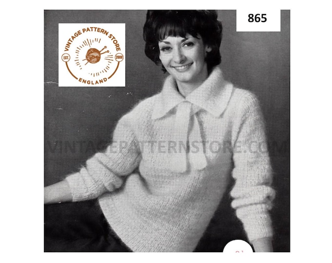 Womens Ladies 50s vintage simple & easy to knit collared bow neck mohair raglan sweater jumper pdf knitting pattern 34" to 38" Download 865