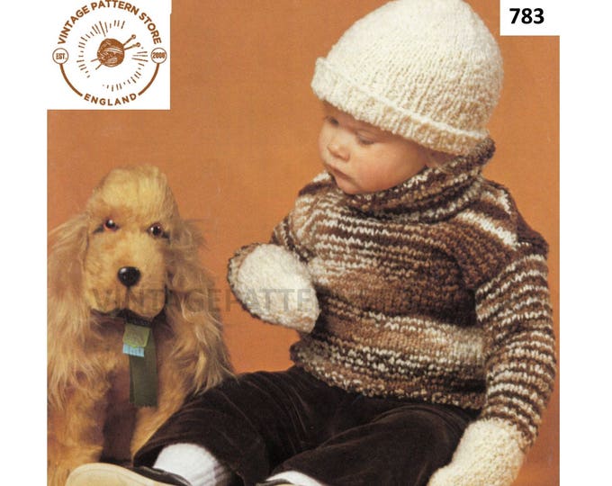 Babies Baby 70s chunky easy to knit polo neck drop shoulder raglan sweater jumper hat & mittens pdf knitting pattern 18" to 22" Download 783