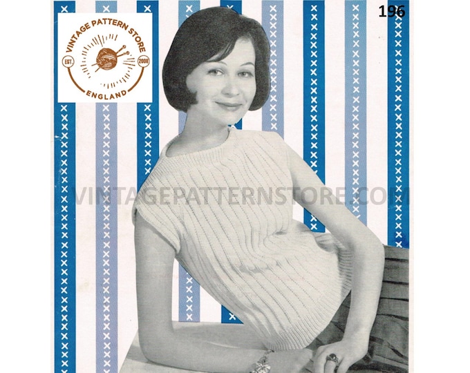 Womens 70s vintage slash neck lacy lace striped cap sleeve slipover sweater vest top pdf knitting pattern 32" to 37" chest Download 196