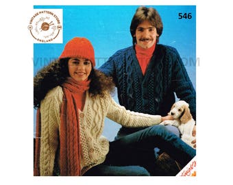 Ladies Womens Mens 80s vintage V neck cable cabled raglan aran cardigan hat and scarf pdf knitting pattern 34" to 44" chest PDF download 546