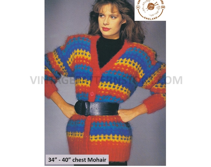 Ladies Womens 80s vintage long line multi coloured striped drop shoulder mohair dolman cardigan knitting pattern 34" - 40" PDF Download 3304