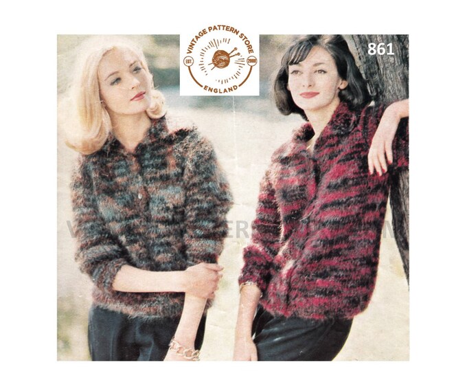 Ladies Womens 80s vintage easy to knit V or round neck collared mohair raglan cardigan pdf knitting pattern 34" to 38" chest Download 861