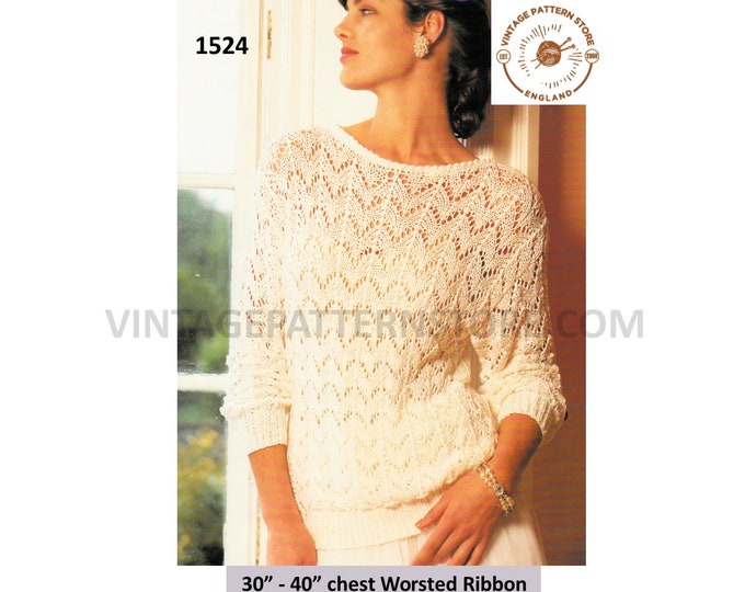 Womens Ladies 90s picot round neck lacy lace drop shoulder worsted ribbon sweater jumper pdf knitting pattern 30" to 40" chest Download 1524
