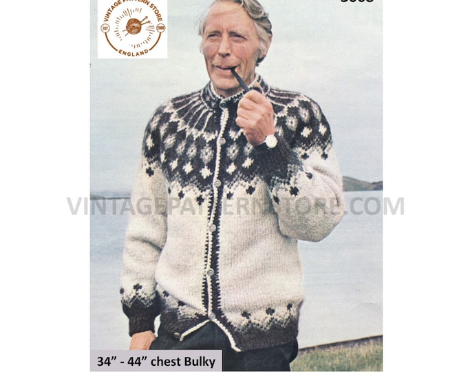 Mens Mans 80s vintage bulky knit crew neck fair isle yoke yoked raglan cardigan jacket pdf knitting pattern 34" to 44" chest Download 3068