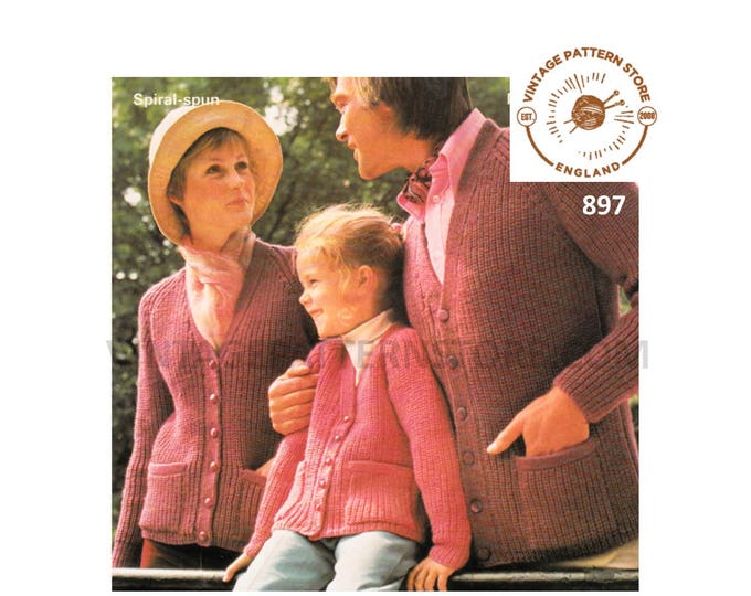 Ladies Womens Mens Boys Girls 70s family simple and easy to knit DK V neck raglan cardigan pdf knitting pattern 26" to 42" Download 897