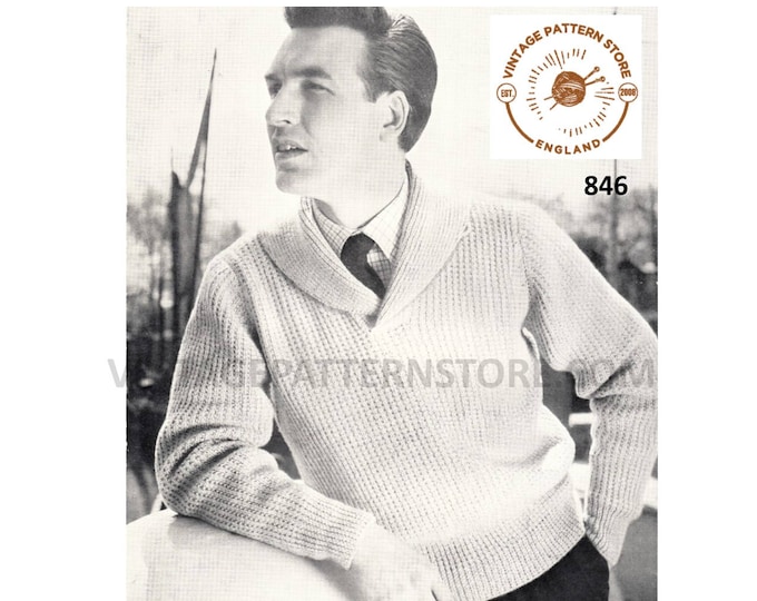 Mens Mans 50s vintage shawl collar DK raglan cardigan sweater jumper pdf knitting pattern 38" to 46" chest Instant PDF Download 846