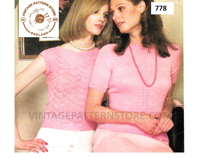 Ladies Womens 70s vintage 2 ply slash neck slipover summer top & lacy raglan sweater jumper pdf knitting pattern 33" to 38" PDF download 778