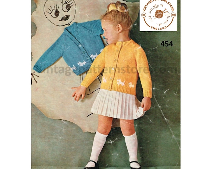 Girls Boys 70s vintage DK round or V neck scottie dog intarsia motif raglan cardigan pdf knitting pattern 18" to 24" chest PDF Download 454