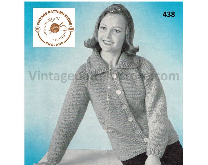 Ladies Womens 60s vintage quick and easy to knit chunky knit raglan cardigan with collar pdf knitting pattern 32" to 39" chest download 438