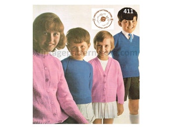 Girls Boys 80s vintage simple & easy to knit 4 ply V or round neck cardigan and sweater jumper pdf knitting pattern 24" to 34" Download 411