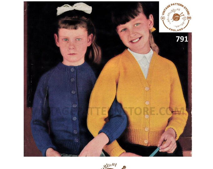 Girls 60s vintage plain & simple easy to knit V or round neck DK raglan cardigan pdf knitting pattern 26" to 32" Instant PDF download 791