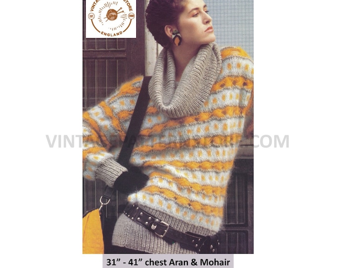 Ladies Womens 80s cowl neck drop stitch & shoulder dolman aran and mohair sweater jumper pdf knitting pattern 31" to 41" Download 3279