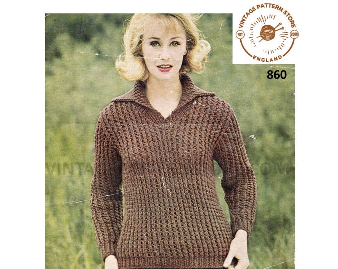 Ladies Womens 60s vintage easy to knit V neck collared DK raglan sweater jumper pdf knitting pattern 34" to 38" chest Instant download 860