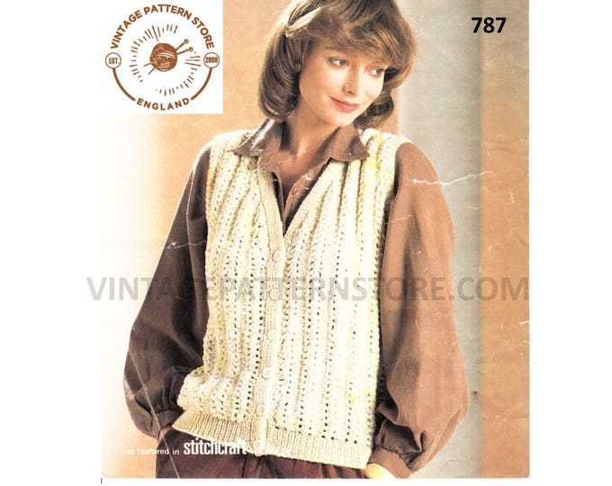 Ladies Womens 80s vintage V neck cable ribbed cabled rib aran waistcoat pdf knitting pattern 32" to 40" chest Instant PDF download 787