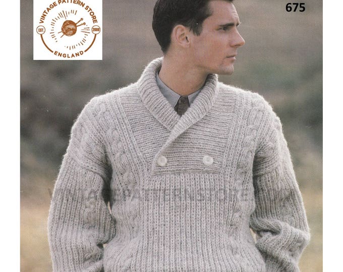 Mens Mans 90s chunky knit shawl collar drop shoulder cable cabled raglan sweater jumper pdf knitting pattern 36" to 44" chest Download 675