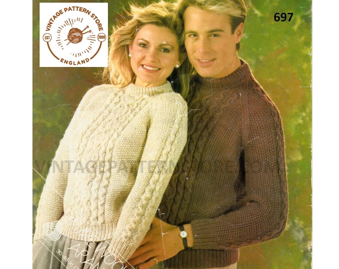 Ladies Womens Mens 90s crew neck cabled cable panel raglan aran sweater jumper pdf knitting pattern 30" to 46" chest Instant download 697