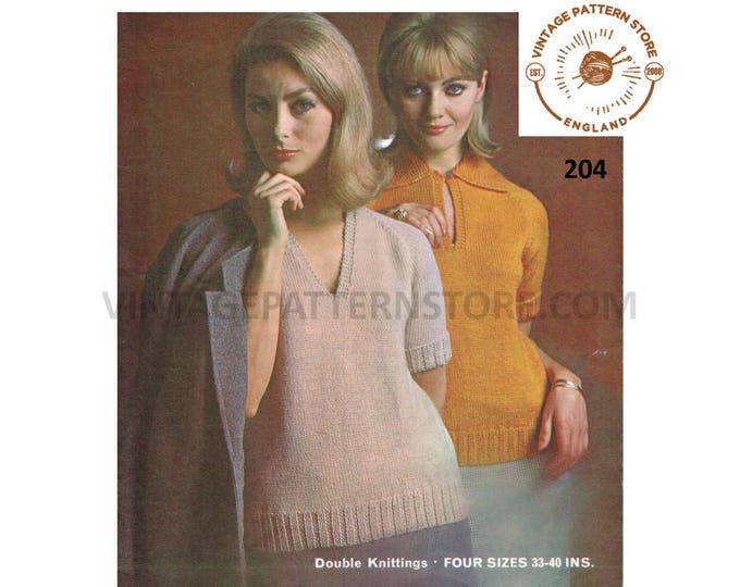 Ladies Womens 70s vintage easy to knit V or slit neck collared DK raglan Summer sweater jumper pdf knitting pattern 33" to 40" download 204