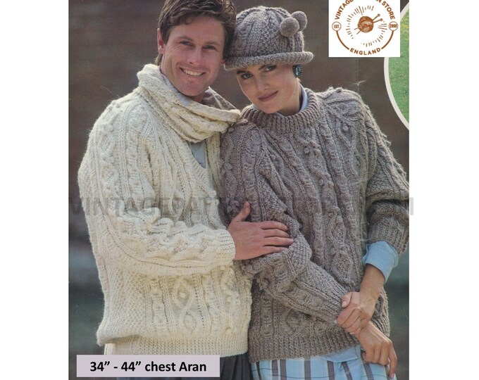 Ladies Womens Mens 90s V round neck cable cabled slouchy raglan aran sweater jumper hat scarf pdf knitting pattern 34" to 44" Download 3209