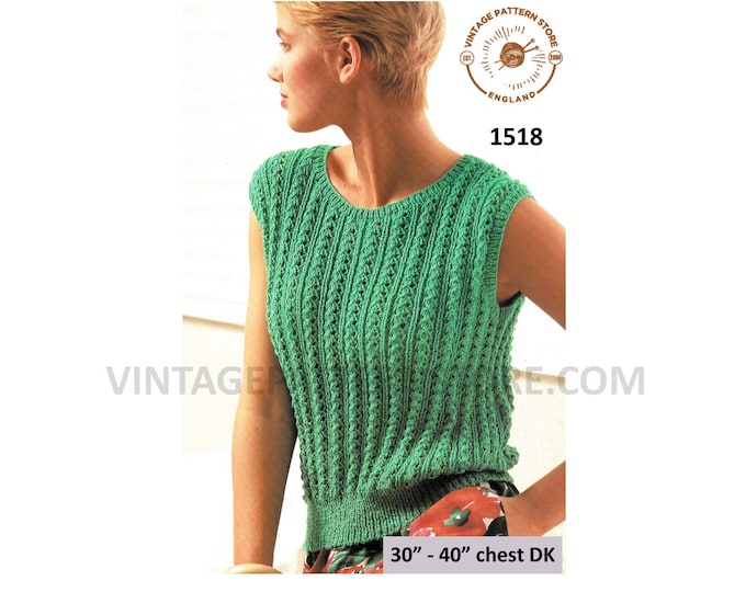 Ladies Womens 90s round neck cabled cable and rib ribbed DK slipover sweater vest summer top pdf knitting pattern 30" to 40" Download 1518