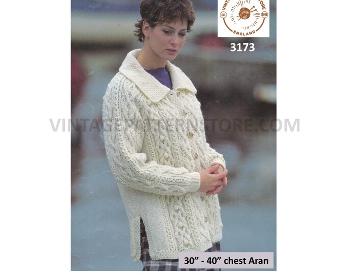 Ladies Womens 90s collared V neck cable cabled split side raglan aran jacket cardigan pdf knitting pattern 30" to 40" chest Download 3173