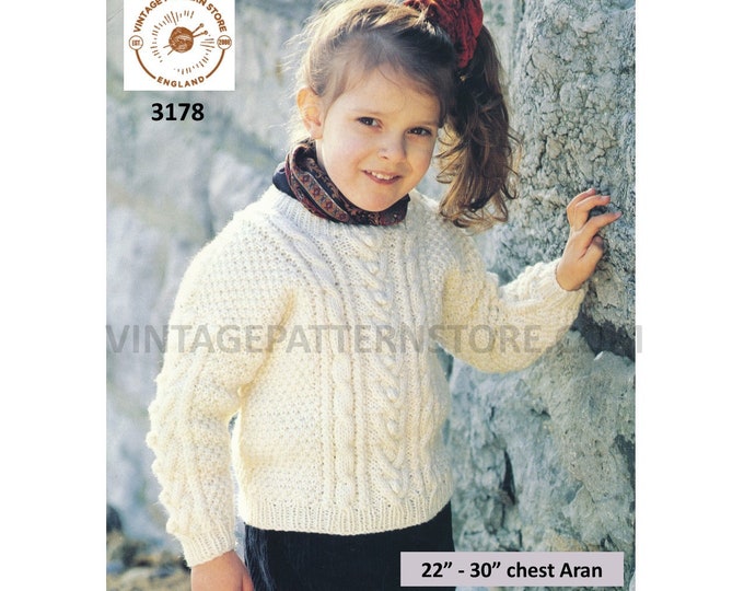 Girls Boys 90s crew neck cabled cable & texture panel drop shoulder dolman aran sweater jumper pdf knitting pattern 22" to 30" Download 3178