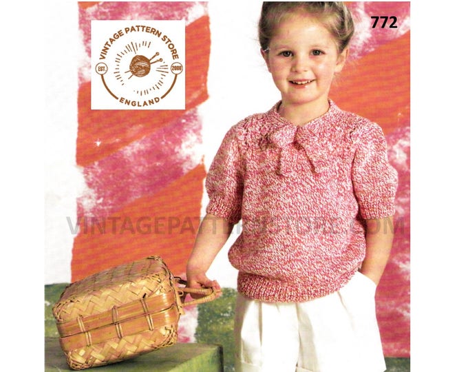 Girls 90s easy to knit round bow neck short sleeve DK raglan Summer sweater jumper pdf knitting pattern 24" to 32" Instant PDF download 772