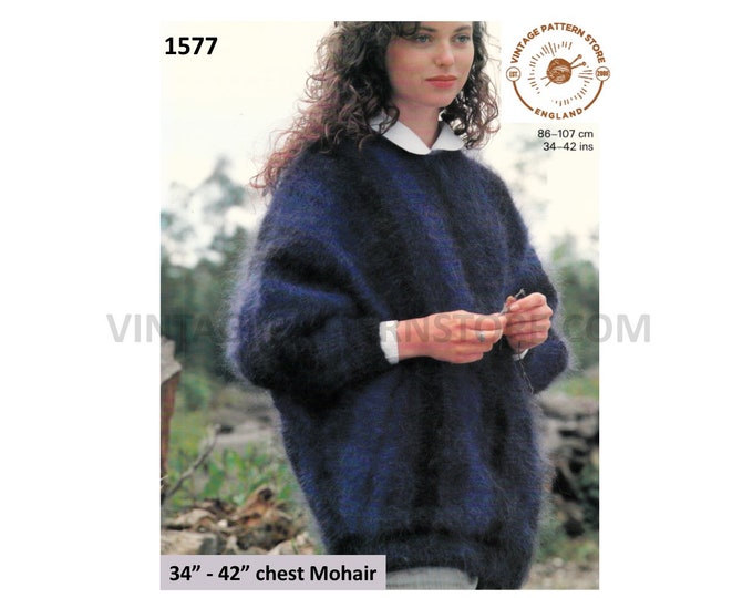 Womens Ladies 90s crew neck vertical striped long line mohair batwing sweater jumper pdf knitting pattern 34" to 42" chest PDF Download 1577