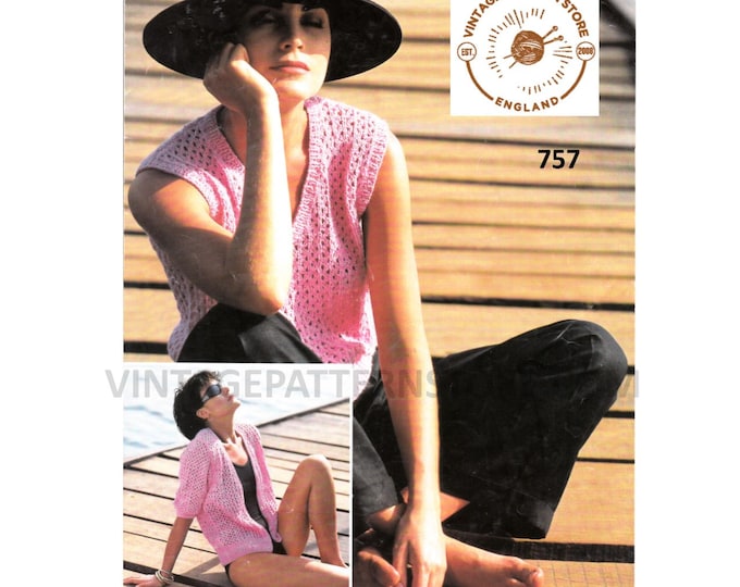 Ladies Womens 90s DK V neck lacy short sleeve raglan cardigan & slipover summer top twin set pdf knitting pattern 30" to 42" Download 757