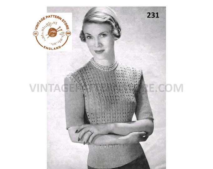 Ladies Womens 40s vintage round neck 2 ply lacy lace short sleeve raglan Summer sweater jumper pdf knitting pattern 35" chest download 231