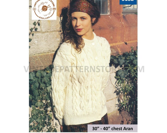 Ladies Womens 90s round neck cabled cable and texture panel drop shoulder dolman aran cardigan pdf knitting pattern 30" to 40" Download 3182