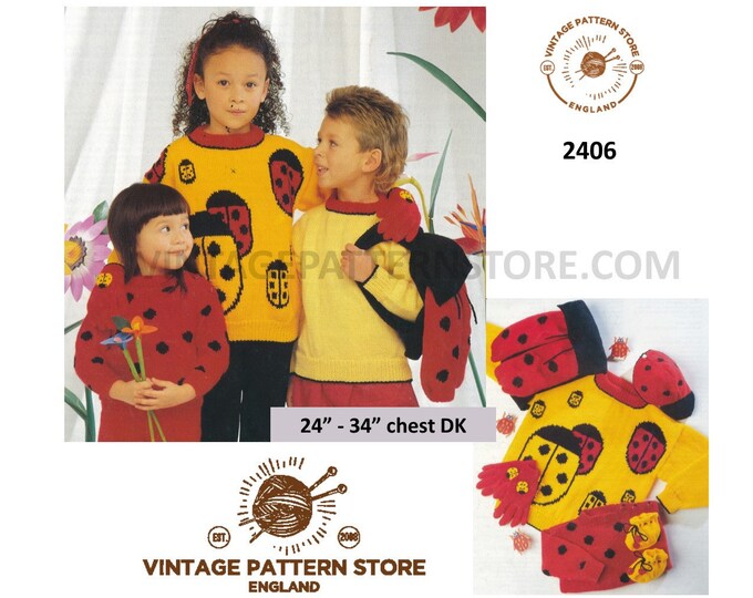 Boys Girls Babies 90s crew neck ladybird intarsia sweater gloves booties cap hat rucksack bag pdf knitting pattern 16" to 34" Download 2406