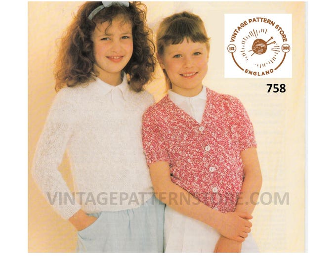 Girls 90s easy to knit DK V neck short sleeve or round neck long sleeve raglan cardigan pdf knitting pattern 22" to 32" chest Download 758