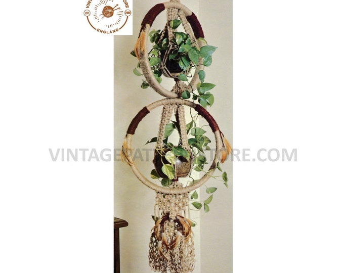 70s vintage dream catcher double macrame plant hanger pdf macrame pattern, 70s vintage retro indoor garden gardening PDF Download 2934